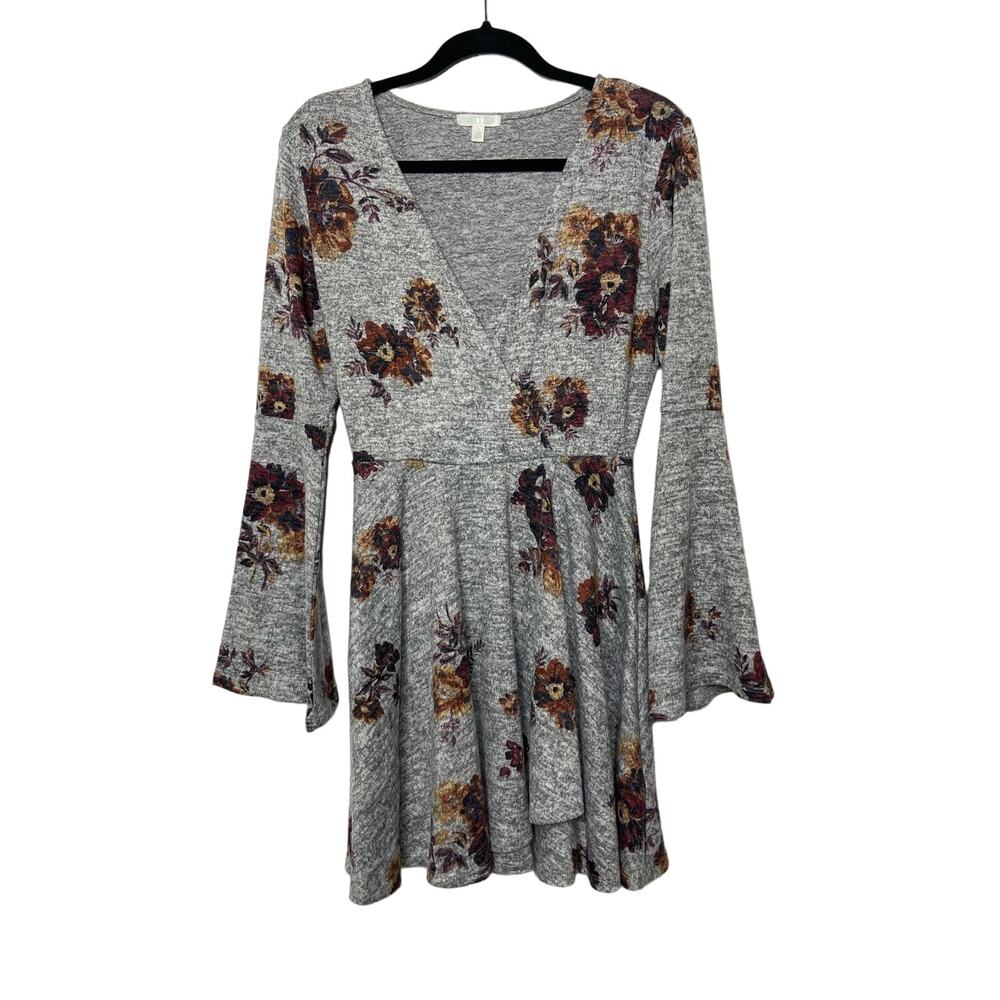 Abound Mini Flare Dress Floral Faux Wrap Bell Sleeve V-Neck Stretch Gray Small